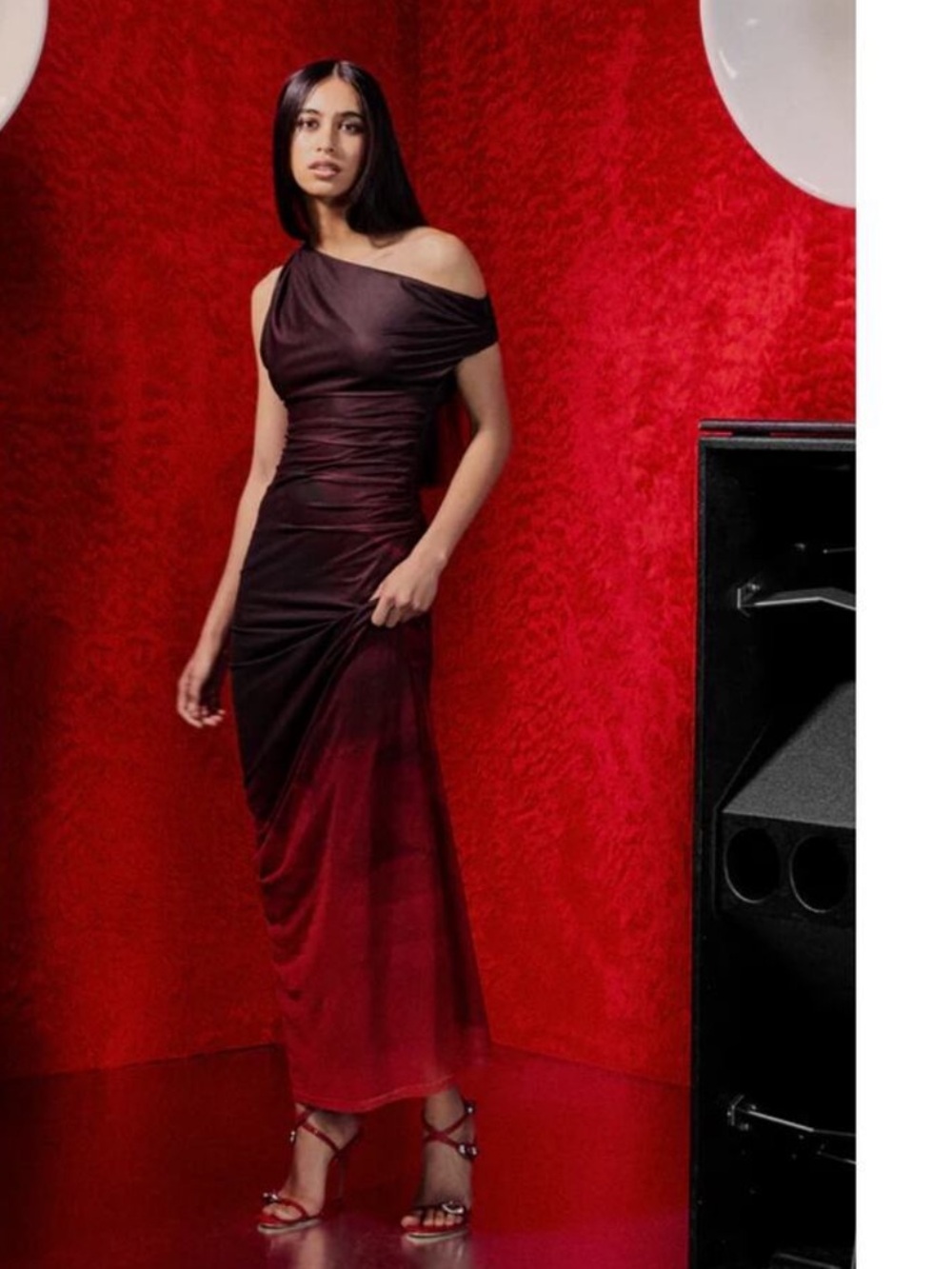 MISHA Nyra Mesh Gown‎ Venus Print One Shoulder Maxi Dress Red Black Bodycon